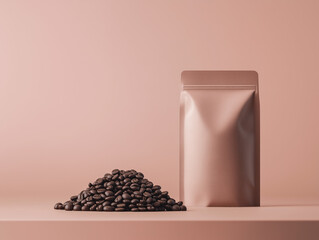 Minimalist Coffee Bean Packaging and Beans on a Soft Pink Background for Modern Branding