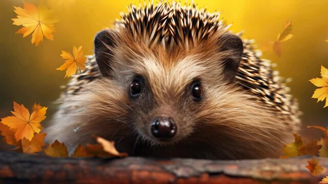 Close-up of a hedgehog with vibrant autumn background