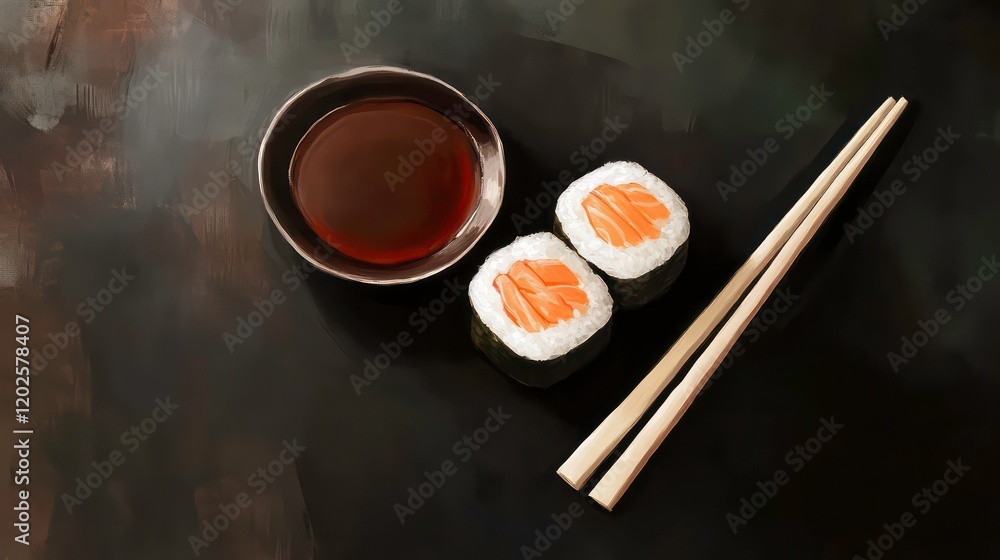 Poster two pieces of salmon sushi with soy sauce and chopsticks on dark background.