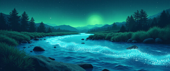 Obraz premium Serene river flowing through lush forests under a starry night sky with a mystical glowing horizon evoking tranquility and connection to nature