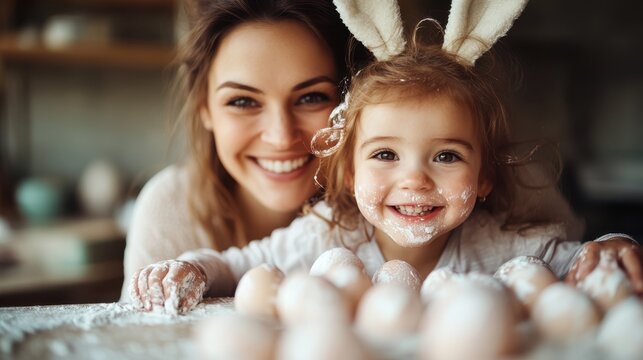 Joyful mother and daughter create Easter memories with painted eggs
