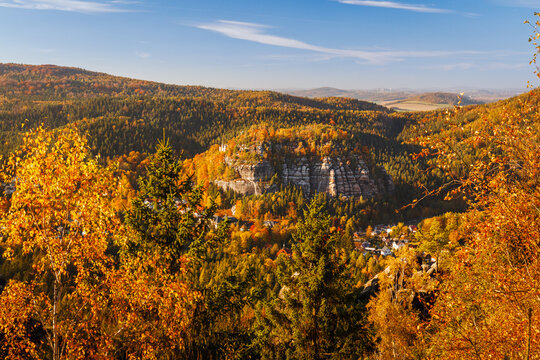 Zittauer Gebirge mountains with Oybin mountain during autumn