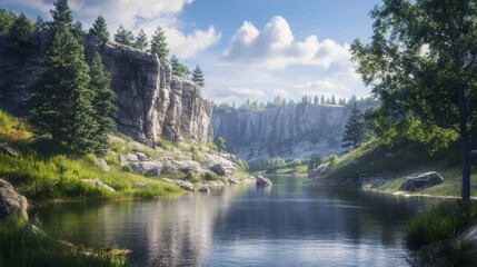 Serene riverside landscape with lush greenery, rugged cliffs, and tranquil reflections in water