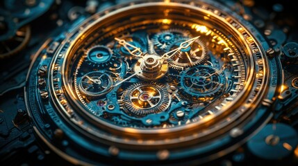 Obraz premium A close-up of intricate clockwork mechanisms showcasing gears and cogs in a luminous design.
