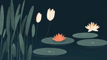  Painting of Water Lilies, Reeds & Full Moon in Night Pond