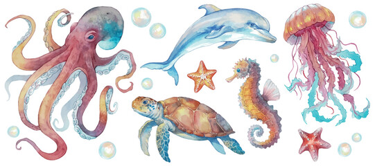 Set with hand drawn sea life elements. Sea animals: octopus, dolphin, turtle, jellyfish, sea horse, starfish and bubbles. Watercolor set of marine life objects for your design