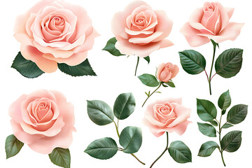 Naklejka premium Set of beautiful pink roses with lush green leaves isolated on a white background