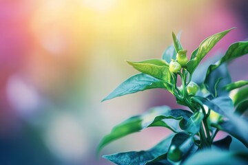 Obraz premium Close-up of vibrant green pepper plant with buds against a blurred colorful background.