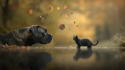   A cat and dog gaze at each other by a body of water with flying leaves