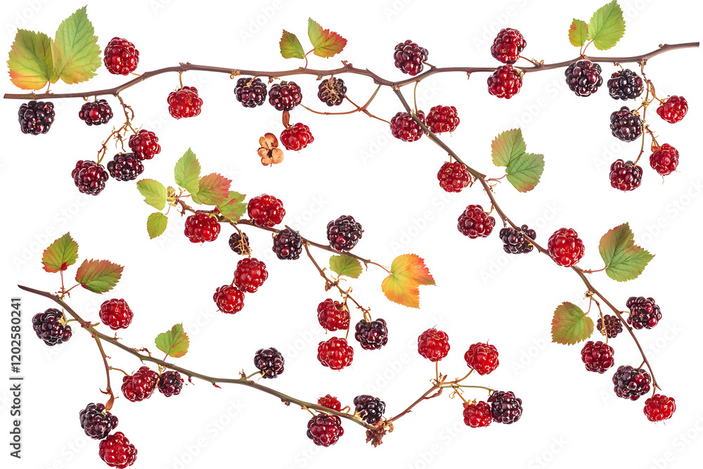 Poster set of branches of delicious ripe blackberries isolated on a white background