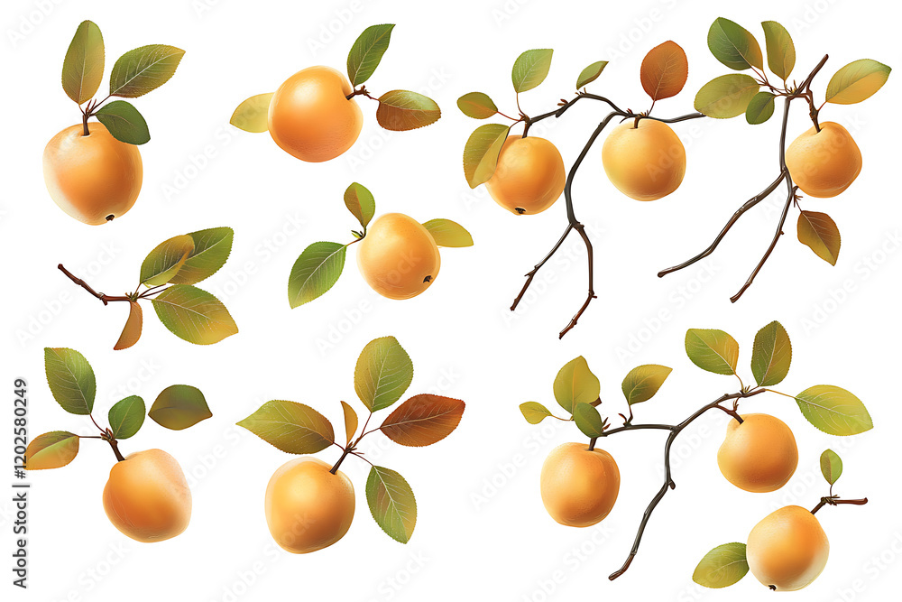Poster set of branches with delicious ripe pears isolated on a white background