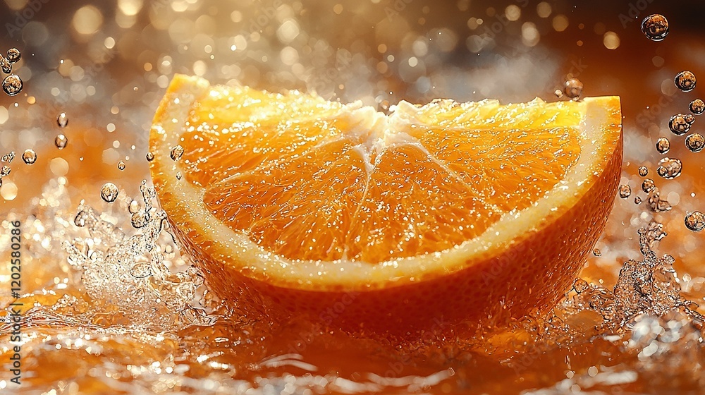 Poster an image of an orange slice resting atop a table with water beads on its surface and a droplet of wa