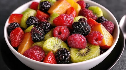 Obraz premium Fresh fruit salad in bowl, close-up, dark background, healthy eating