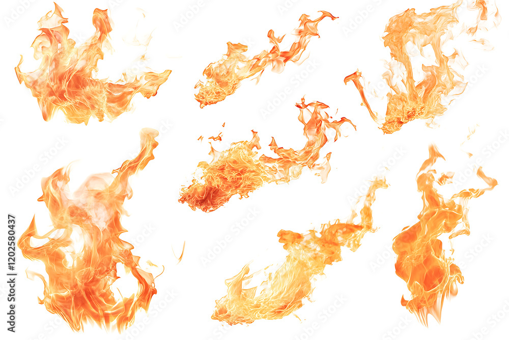 Wall mural Set of bright and dynamic fire flames isolated on a white background