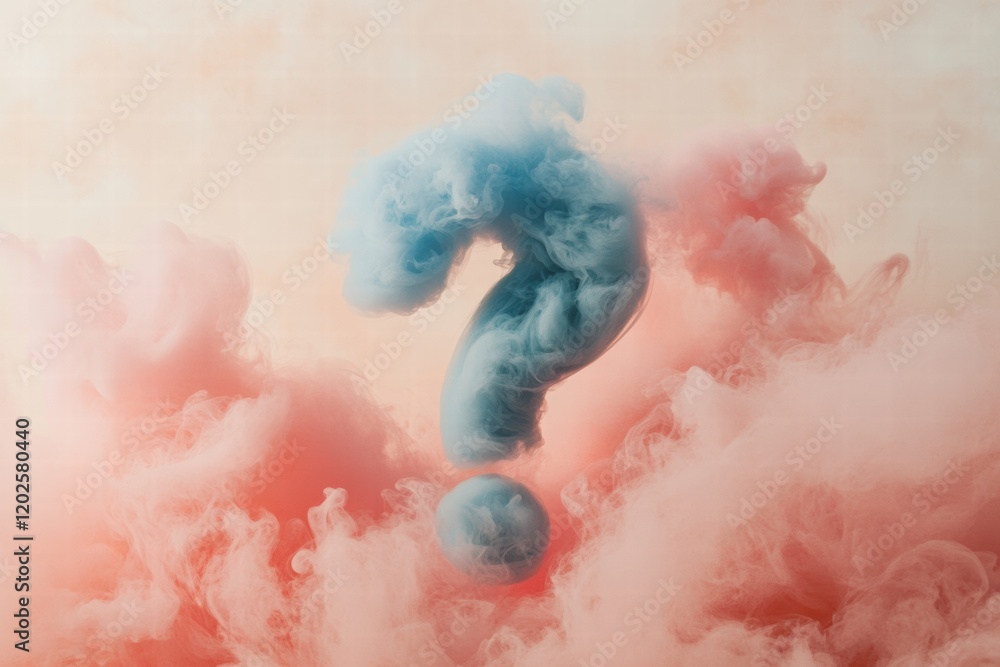 Poster colorful clouds of pink and blue smoke blend into a striking question mark shape in the air. generat