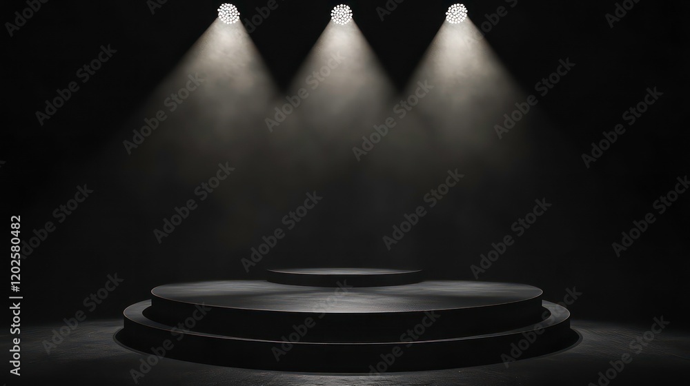 Poster dark stage with three spotlights illuminating a circular platform.