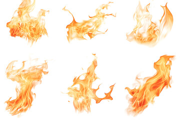 Set of bright and dynamic fire flames isolated on a white background