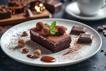 Indulge in a luxurious chocolate dessert with truffles and mint, complemented by cozy ambiance