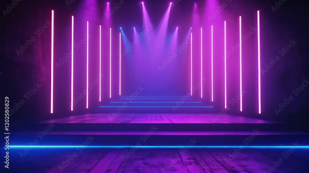 Poster neon lights illuminate a dark stage with wooden platform and steps, creating a vibrant, futuristic a