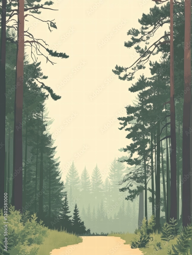 Poster Forest trail winding through tall trees towards a misty horizon on a peaceful day. Generative AI