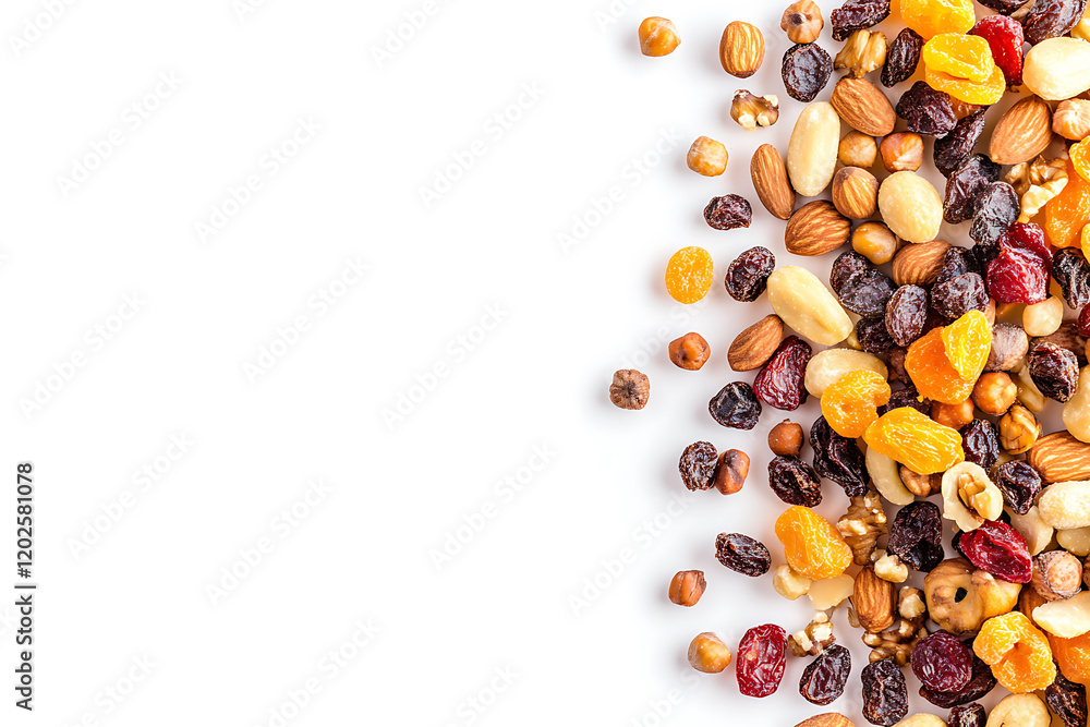 Poster mix of nuts and dry fruits isolated on a white background