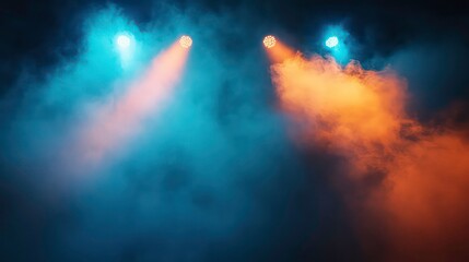 Stage lights illuminating smoky atmosphere, creating vibrant blue and orange hues.