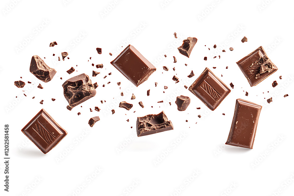 Poster set of delicious chocolate bar pieces falling into chocolate splashes isolated on a white background