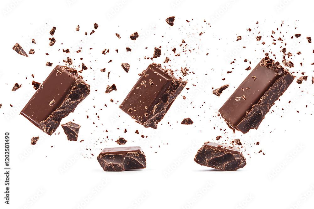 Poster set of delicious chocolate bar pieces falling into chocolate splashes isolated on a white background