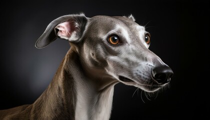 Greyhound dog portrait, a dog of a tall, slender breed having keen sight and capable of high speed, used since ancient times for hunting small game and now chiefly in racing and coursing.
