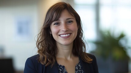 Fototapeta premium smiling female medical advisor looks into the camera, blurry background, 16:9