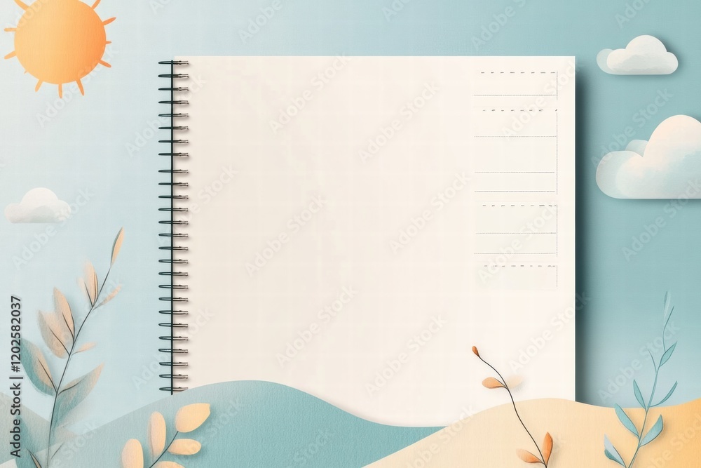 Poster nature inspired planner layout features abstract sun, clouds, and mountains for organizing daily act