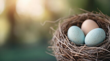 Obraz premium Celebrate spring with colorful easter eggs in a nest on a sunny day