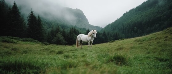 A lone white horse stands majestically in a lush, misty valley surrounded by dense conifer forests, evoking tranquility and natural beauty.