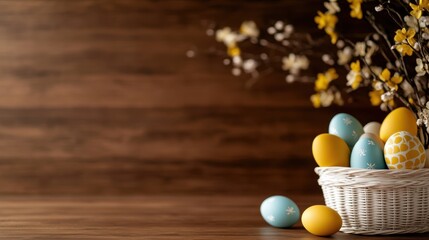 Spring elegance with pastel eggs and vibrant blossoms in a wicker basket