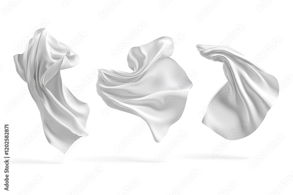 Poster set of floating elegant white fabrics isolated on a white background