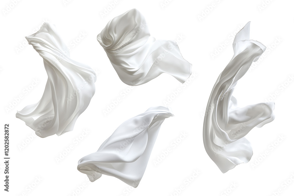 Poster set of floating elegant white fabrics isolated on a white background