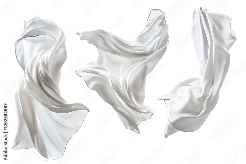 Poster set of floating elegant white fabrics isolated on a white background