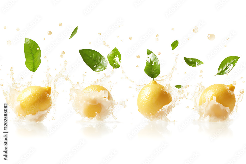 Poster set of fresh delicious lemons splashing with leaves isolated on a white background