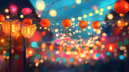 A vibrant festival scene filled with colorful lanterns, banners, and festive lights, capturing the essence of cultural celebration. Colorful Festival Parade. Illustration