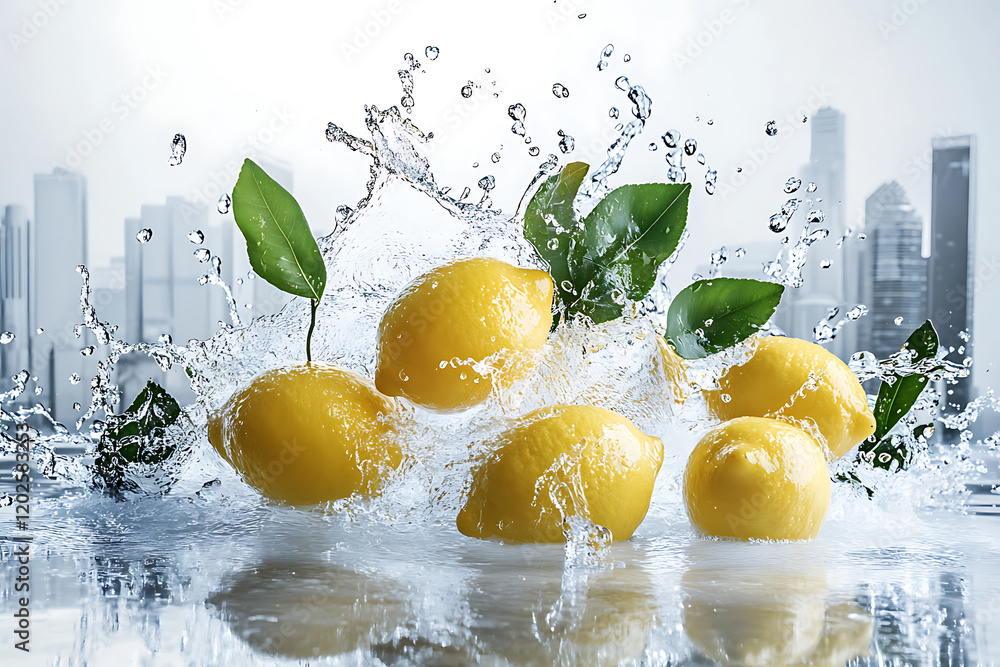 Poster set of fresh delicious lemons splashing with leaves isolated on a white background