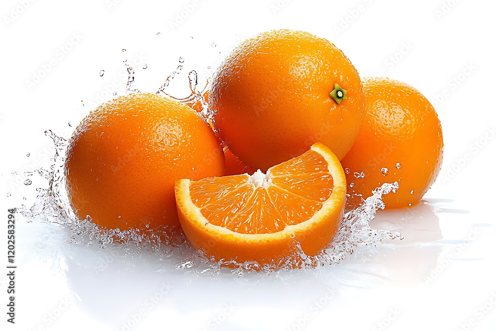 Poster set of fresh delicious oranges splashing isolated on a white background
