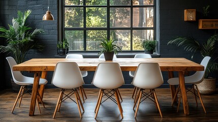 Fototapeta premium Rustic dining room with large window, plants, and empty chairs