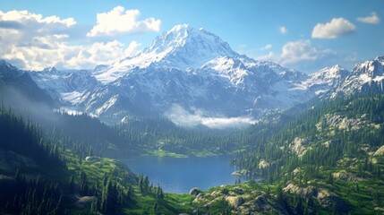 Fototapeta premium Breathtaking mountain landscape with snow capped peak, alpine lake, and lush green forest serenity
