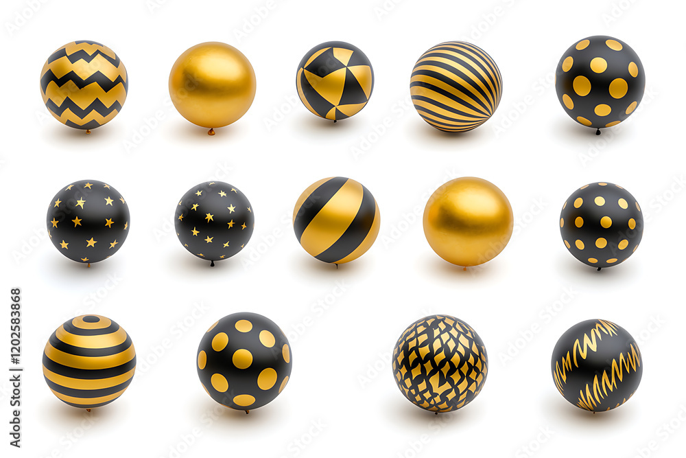 Poster set of golden and black festival bloons in groups isolated a transparent background