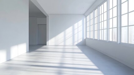 Fototapeta premium Sunlit empty white room with large windows and hardwood floor.
