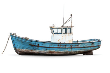 Fototapeta premium Old blue wooden fishing boat isolated on a white background