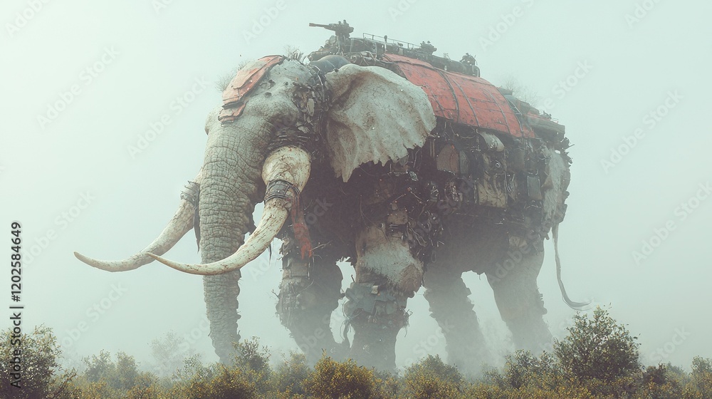 Poster an elephant in the center of a field surrounded by trees against a hazy sky backdrop