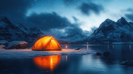 Illuminated tent, winter camping, snowy mountains, starry night, lake reflection