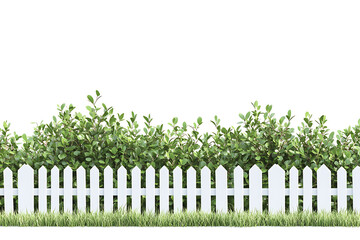 Set of lush green bushes over white picket fences isolated on a white background