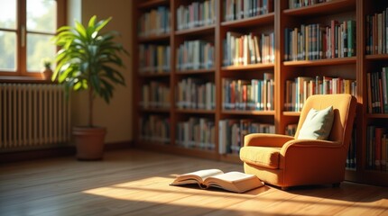 cozy school library corner, reading nook